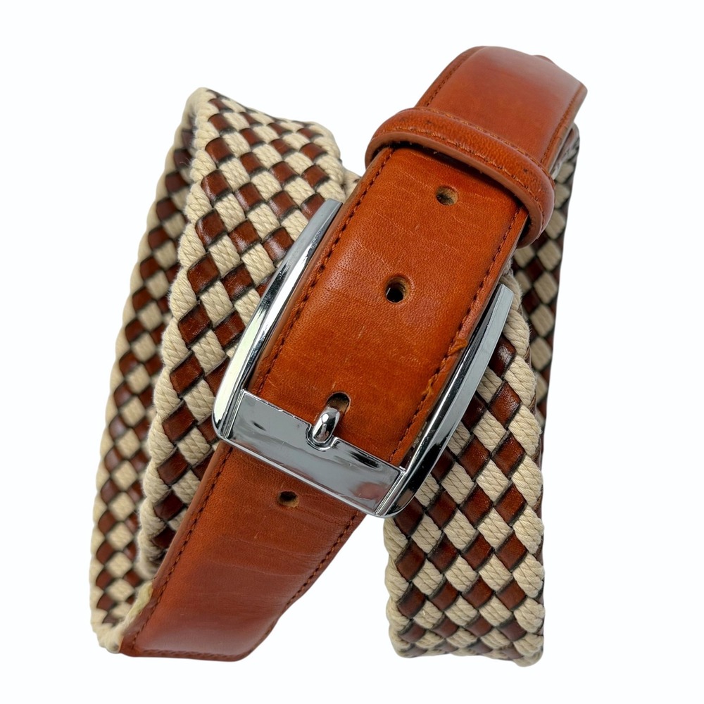 Beverly Hills Polo Club Braided Leather Belt Mens 42 Woven Brown Cream Rope